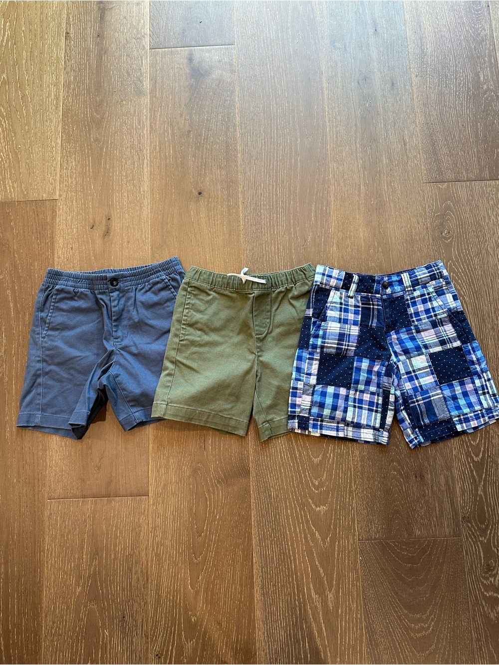 Janie and Jack Three-Pack Kids Shorts - Blue, Olive, Blue Plaid 5/6